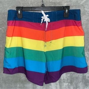 Rainbow Striped Pride Swim Surf Trunk Shorts Size Large